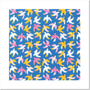 Collage Birds Blue Pink White Yellow Posters and Art